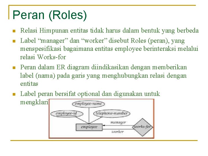 Peran (Roles) n n Relasi Himpunan entitas tidak harus dalam bentuk yang berbeda Label