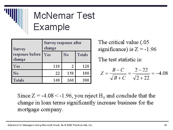 Mc. Nemar Test Example The critical value (. 05 significance) is Z = -1.