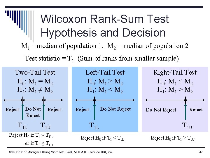 Wilcoxon Rank-Sum Test Hypothesis and Decision M 1 = median of population 1; M