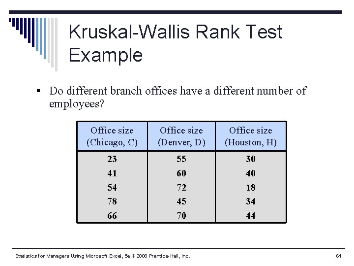 Kruskal-Wallis Rank Test Example § Do different branch offices have a different number of