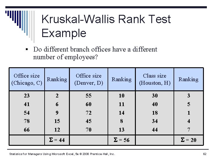 Kruskal-Wallis Rank Test Example § Do different branch offices have a different number of