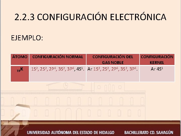 2. 2. 3 CONFIGURACIÓN ELECTRÓNICA EJEMPLO: ÁTOMO 19 K CONFIGURACIÓN NORMAL CONFIGURACIÓN DEL GAS