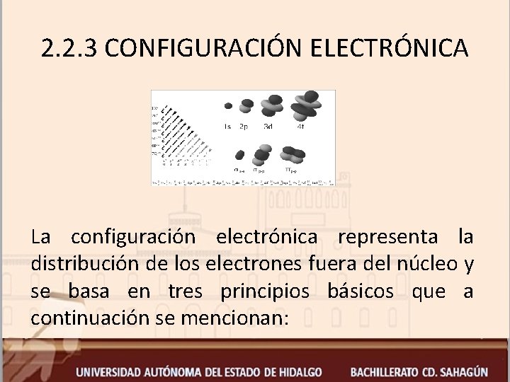 2. 2. 3 CONFIGURACIÓN ELECTRÓNICA La configuración electrónica representa la distribución de los electrones