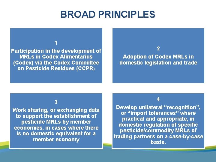BROAD PRINCIPLES 1 Participation in the development of MRLs in Codex Alimentarius (Codex) via