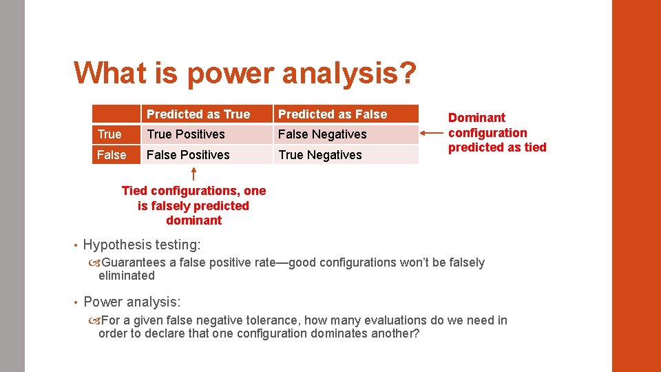 What is power analysis? Predicted as True Predicted as False True Positives False Negatives