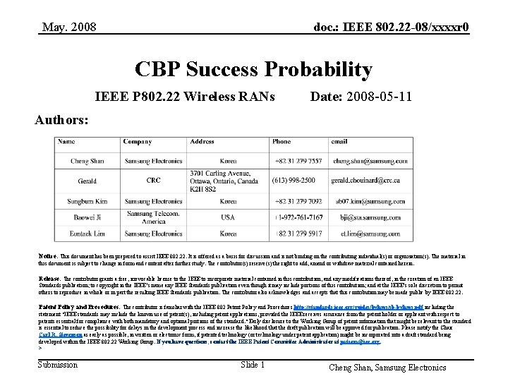 May. 2008 doc. : IEEE 802. 22 -08/xxxxr 0 CBP Success Probability IEEE P