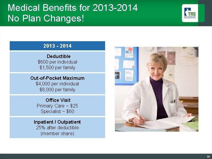 Medical Benefits for 2013 -2014 No Plan Changes! 2013 - 2014 Deductible $600 per