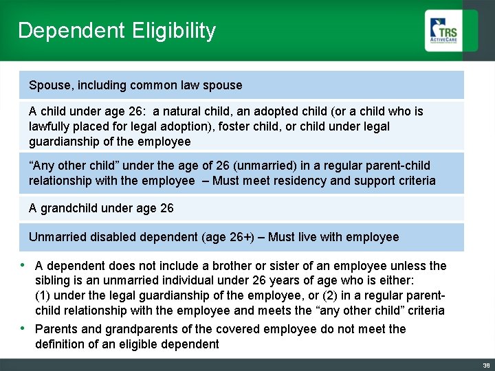 Dependent Eligibility Spouse, including common law spouse A child under age 26: a natural
