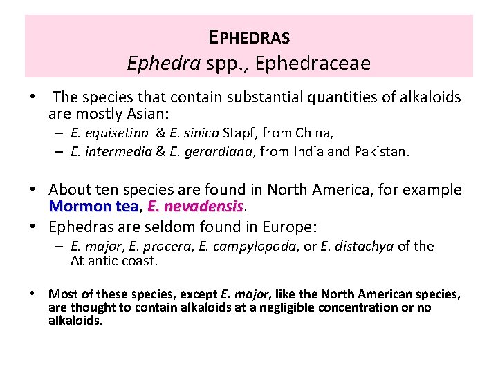 EPHEDRAS Ephedra spp. , Ephedraceae • The species that contain substantial quantities of alkaloids