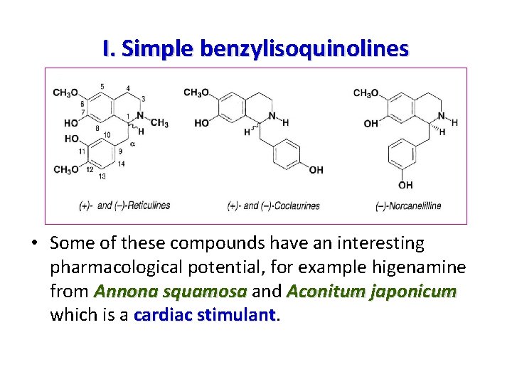 I. Simple benzylisoquinolines • Some of these compounds have an interesting pharmacological potential, for