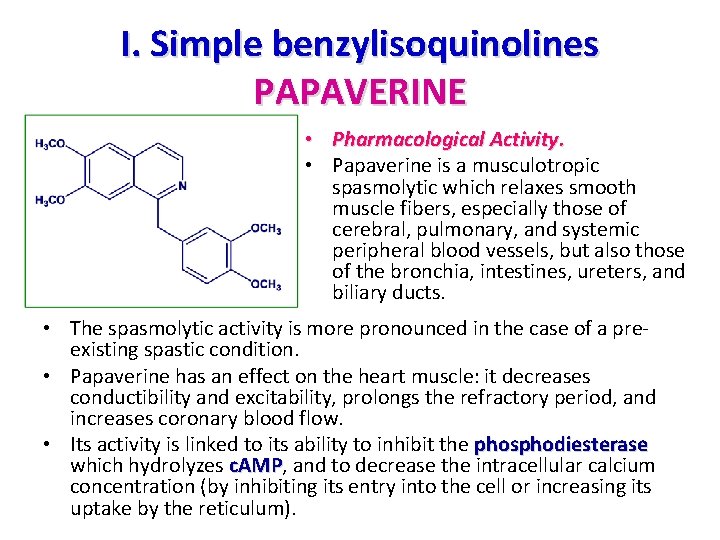 I. Simple benzylisoquinolines PAPAVERINE • Pharmacological Activity. • Papaverine is a musculotropic spasmolytic which