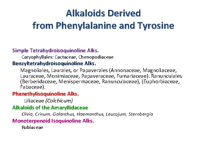 Alkaloids Derived from Phenylalanine and Tyrosine Simple Tetrahydroisoquinoline Alks. Caryophyllales: Cactaceae, Chenopodiaceae Benzyltetrahydroisoquinoline Alks.