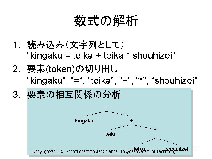 数式の解析 1. 読み込み（文字列として） “kingaku = teika + teika * shouhizei” 2. 要素(token)の切り出し “kingaku”, “=“,