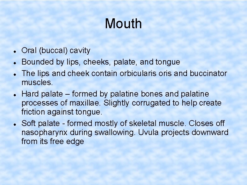 Mouth Oral (buccal) cavity Bounded by lips, cheeks, palate, and tongue The lips and