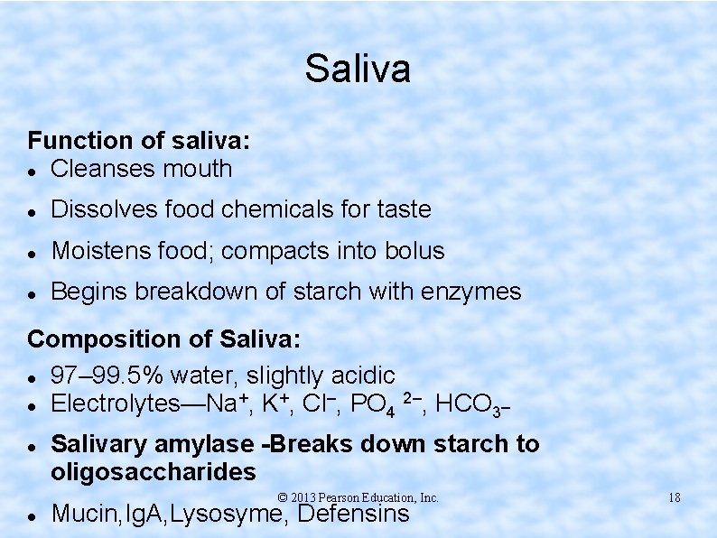 Saliva Function of saliva: Cleanses mouth Dissolves food chemicals for taste Moistens food; compacts