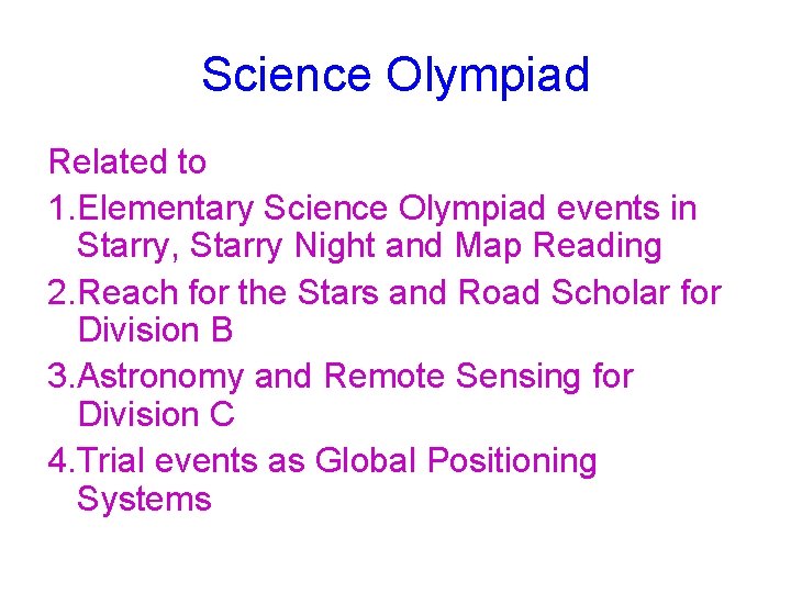 Science Olympiad Related to 1. Elementary Science Olympiad events in Starry, Starry Night and