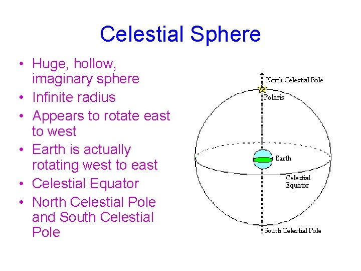 Celestial Sphere • Huge, hollow, imaginary sphere • Infinite radius • Appears to rotate