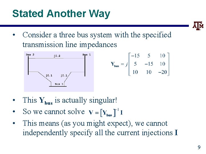 Stated Another Way • Consider a three bus system with the specified transmission line