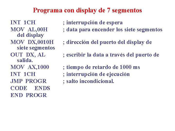 Programa con display de 7 segmentos INT 1 CH MOV AL, 00 H del Programa con display de 7 segmentos INT 1 CH MOV AL, 00 H del