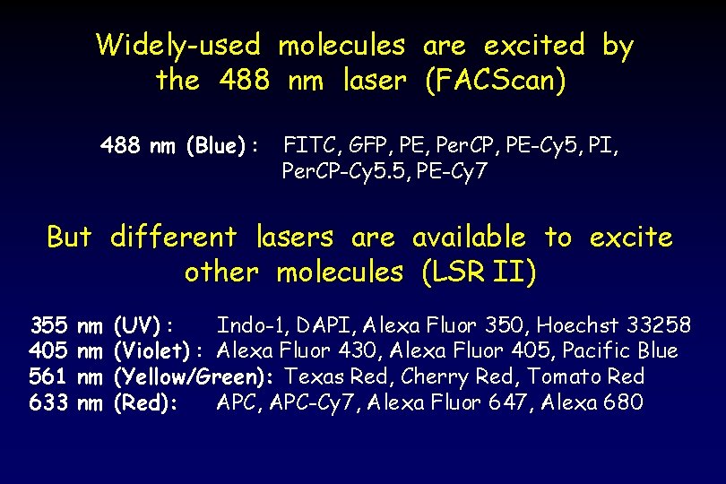 Widely-used molecules are excited by the 488 nm laser (FACScan) 488 nm (Blue) :