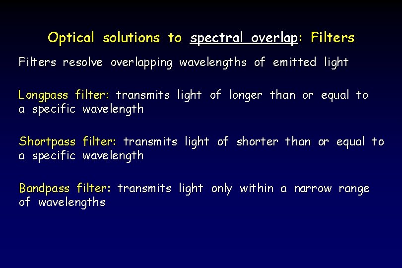 Optical solutions to spectral overlap: Filters resolve overlapping wavelengths of emitted light Longpass filter: