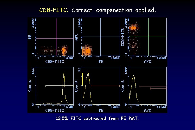 CD 8 -FITC. Correct compensation applied. 12. 5% FITC subtracted from PE PMT. 
