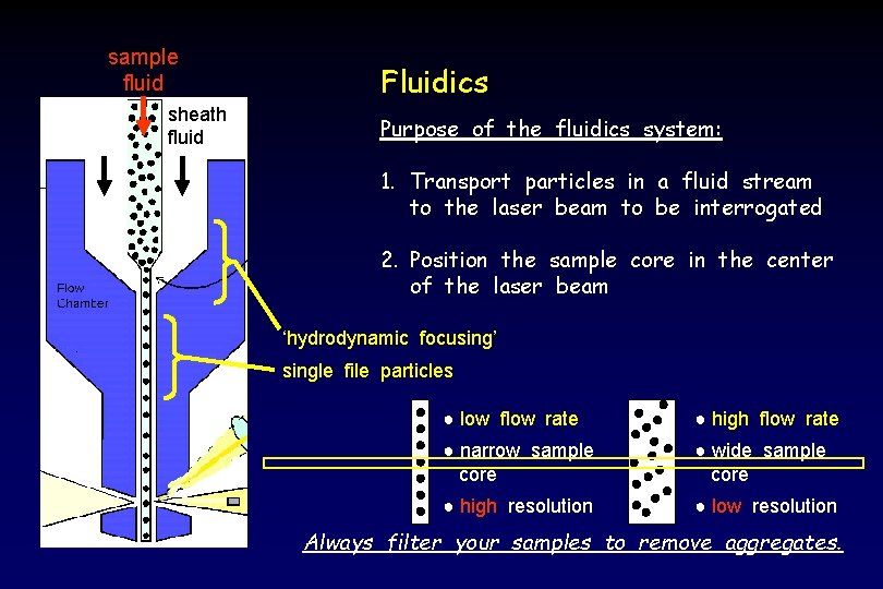 sample fluid sheath fluid Fluidics Purpose of the fluidics system: 1. Transport particles in