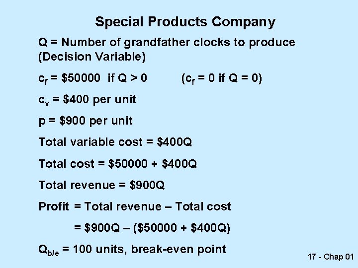Special Products Company Q = Number of grandfather clocks to produce (Decision Variable) cf