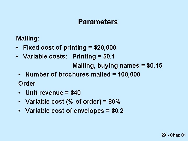Parameters Mailing: • Fixed cost of printing = $20, 000 • Variable costs: Printing