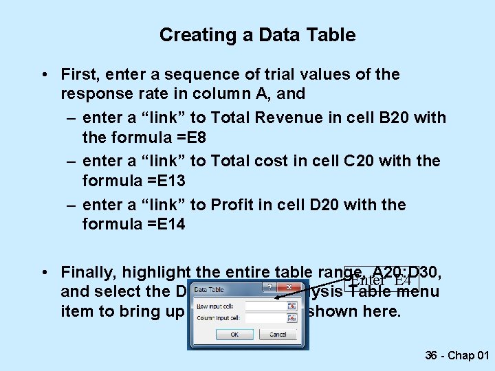 Creating a Data Table • First, enter a sequence of trial values of the