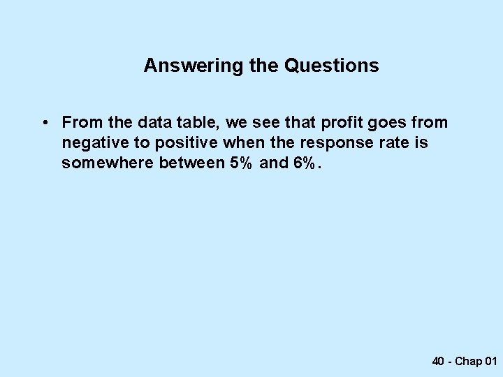 Answering the Questions • From the data table, we see that profit goes from