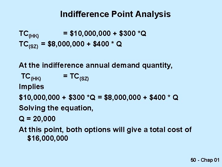 Indifference Point Analysis TC(HK) = $10, 000 + $300 *Q TC(SZ) = $8, 000