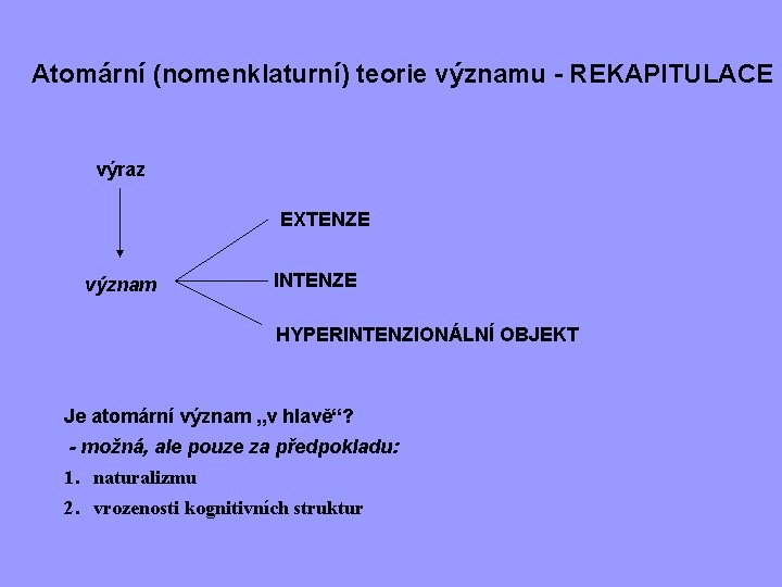 Atomární (nomenklaturní) teorie významu - REKAPITULACE výraz EXTENZE význam INTENZE HYPERINTENZIONÁLNÍ OBJEKT Je atomární