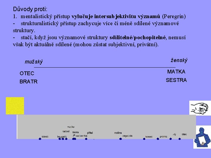 Důvody proti: 1. mentalistický přístup vylučuje intersubjektivitu významů (Peregrin) - strukturalistický přístup zachycuje více