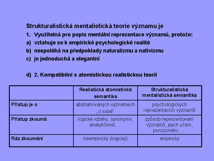 Strukturalistická mentalistická teorie významu je 1. a) b) c) Využitelná pro popis mentální reprezentace