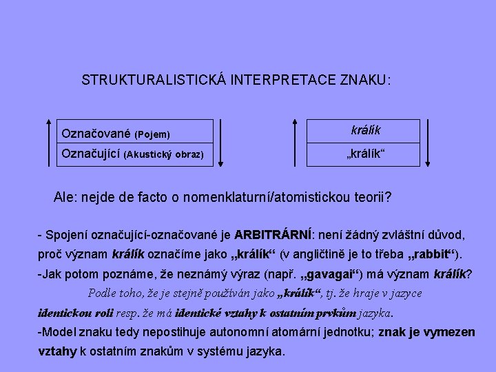 STRUKTURALISTICKÁ INTERPRETACE ZNAKU: Označované (Pojem) Označující (Akustický obraz) králík „králík“ Ale: nejde de facto