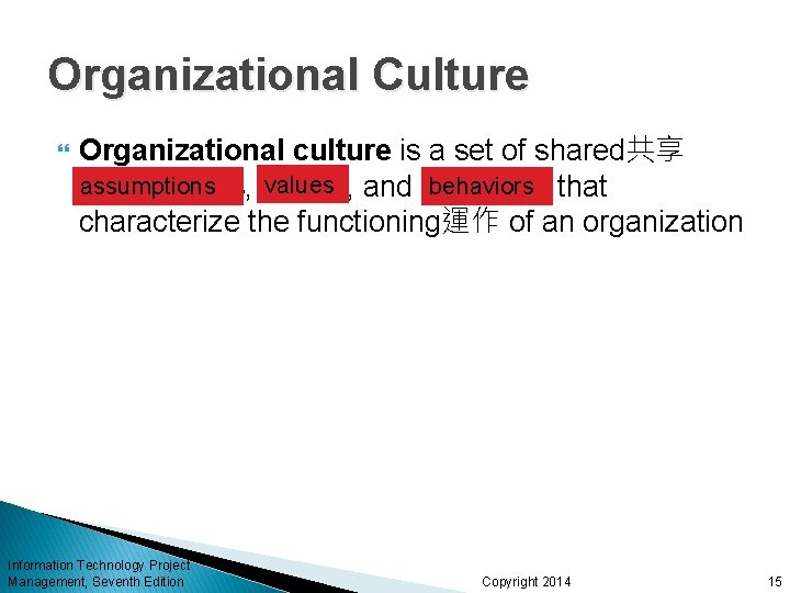 Organizational Culture Organizational culture is a set of shared共享 values and behaviors assumptions behaviors