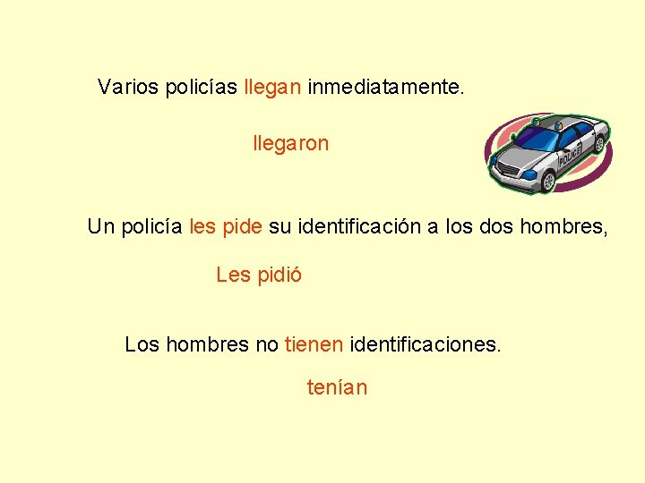 Varios policías llegan inmediatamente. llegaron Un policía les pide su identificación a los dos