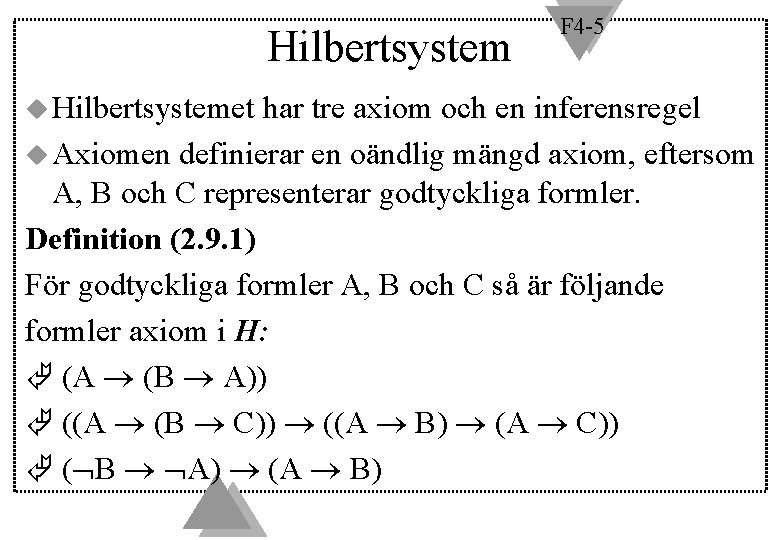 Hilbertsystem u Hilbertsystemet F 4 -5 har tre axiom och en inferensregel u Axiomen