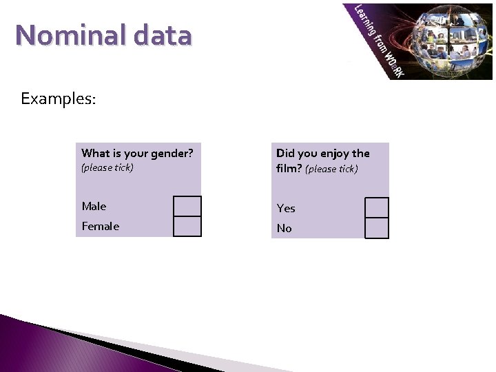Nominal data Examples: What is your gender? (please tick) Did you enjoy the film?