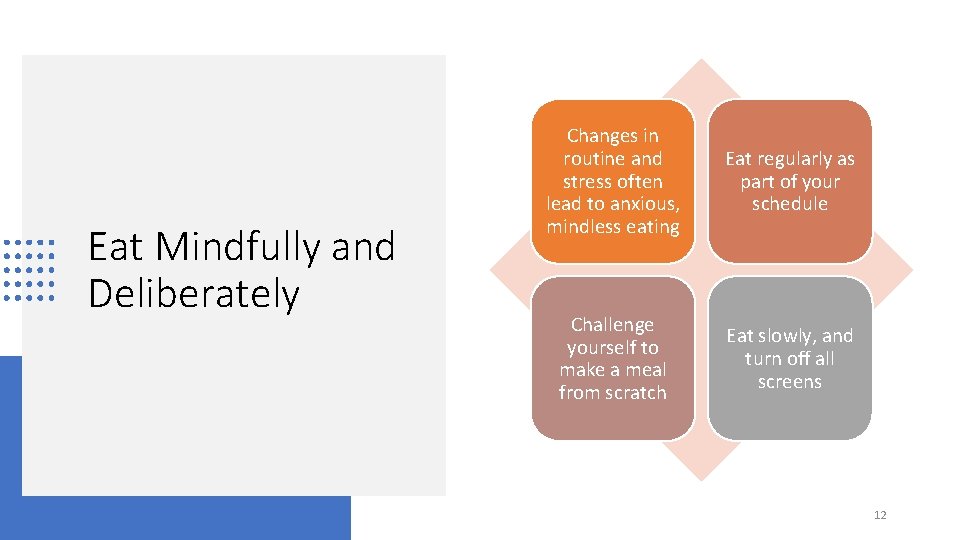 Eat Mindfully and Deliberately Changes in routine and stress often lead to anxious, mindless