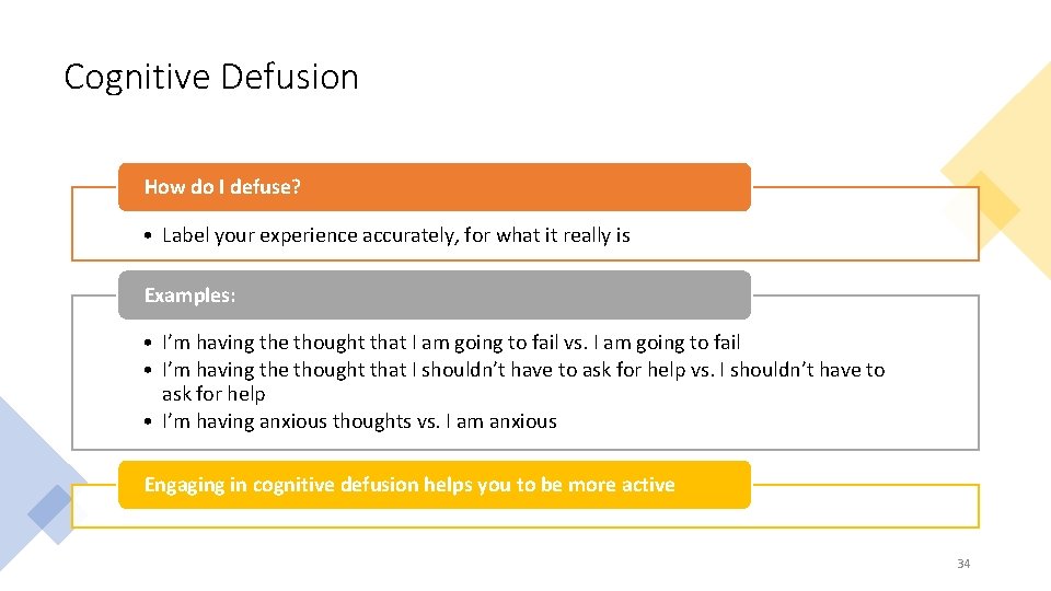 Cognitive Defusion How do I defuse? • Label your experience accurately, for what it