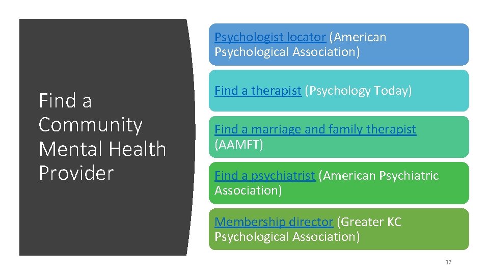 Psychologist locator (American Psychological Association) Find a Community Mental Health Provider Find a therapist