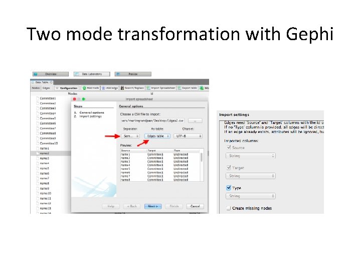 Two mode transformation with Gephi 