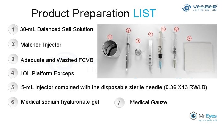 Product Preparation LIST 1 30 -m. L Balanced Salt Solution 2 Matched Injector 3