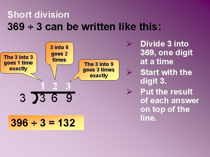 Short division 369 ÷ 3 can be written like this: The 3 into 3