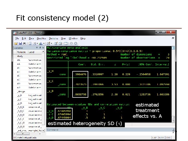 Fit consistency model (2) estimated treatment effects vs. A estimated heterogeneity SD (t) 19