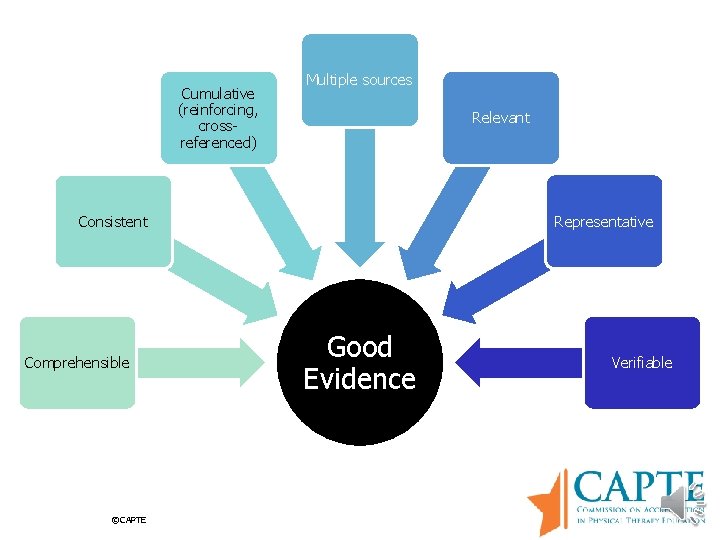 Cumulative (reinforcing, crossreferenced) Multiple sources Relevant Representative Consistent Comprehensible ©CAPTE Good Evidence Verifiable 