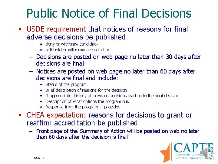 Public Notice of Final Decisions • USDE requirement that notices of reasons for final