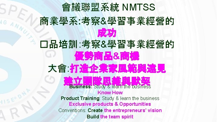 會議聯盟系統 NMTSS 商業學系: 考察&學習事業經營的 成功 �品培訓 : 考察&學習事業經營的 優勢商品&商機 大會: 打造企業家風範與遠見 建立團隊思維與默契 Business: Study